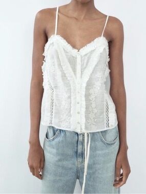 Zara White Lace Button-Front Camisole Top
